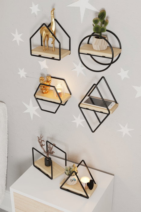 Hanah Home Set de 6 Estantes de Pared de Madera Maciza, Oro y Negro